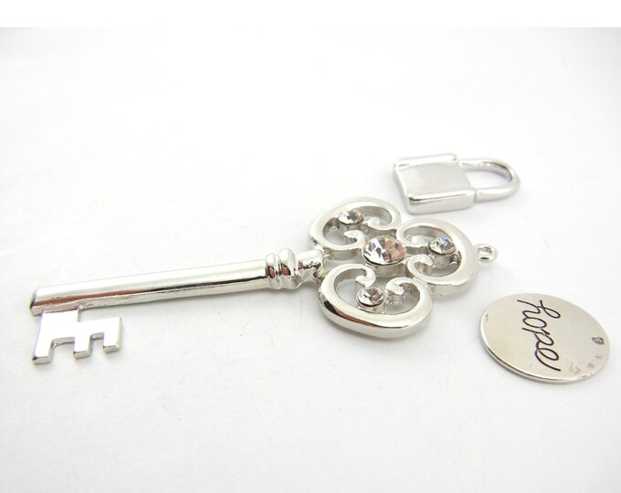 Set of Silver-tone Skeleton Key Pendant with Lock and Hope Charms