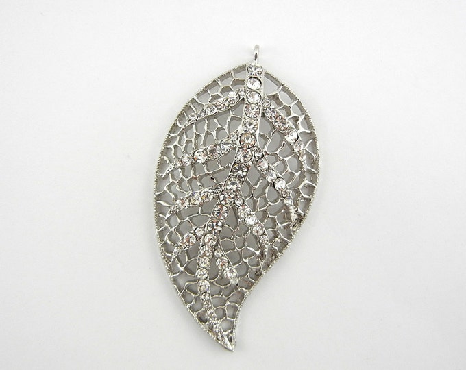 Large Silver-tone Filigree Leaf pendant with Rhinestones