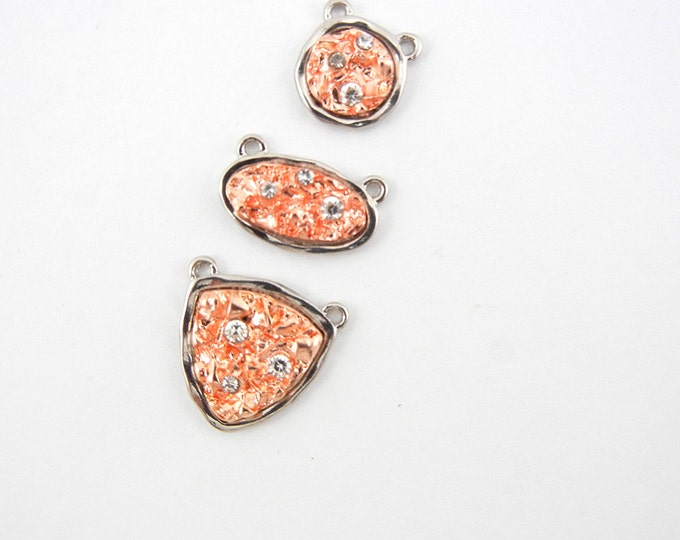 Set of 3 Small Two Tone Abstract Pendants Silver and Copper-tone Rhinestones