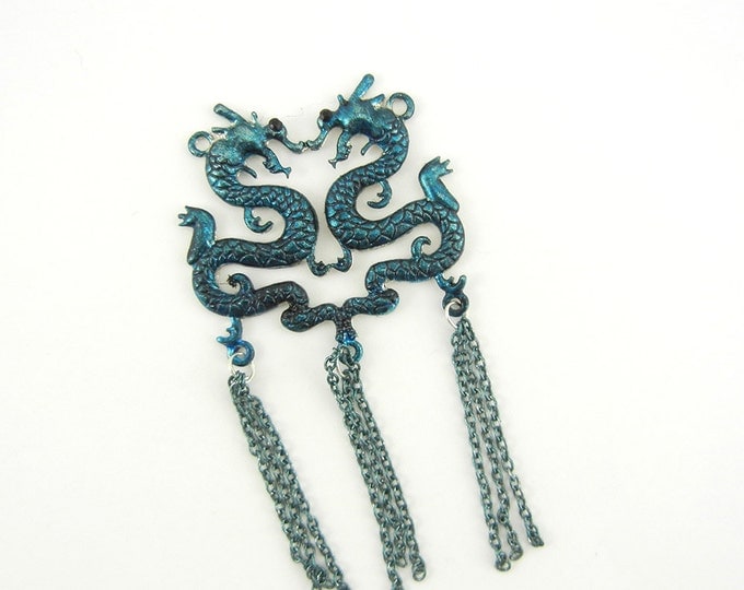 Double Link Turquoise Blue Washed Silver-tone Chinese Dragons Pendant with Tassels