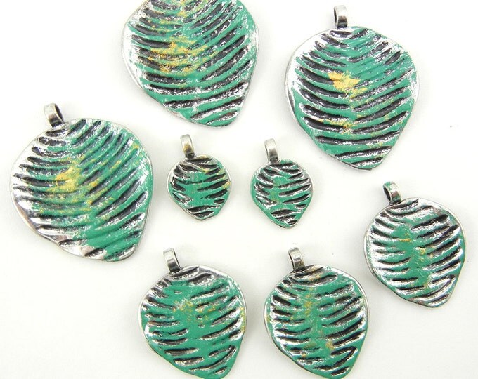 Set of 8 Painted Antique Silver-tone Leaf Charms