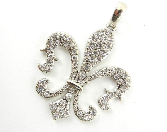 Silver-tone Rhinestone Accented Fleur de Lis Pendant