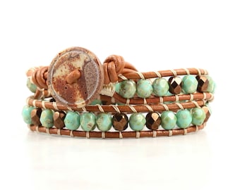 Summer Party Jewelry Brown Leather Wrap Bracelet Green Beaded Bracelet Bohemian Jewelry Caramel Mint Boho Jewelry Bronze Tan Seafoam Green