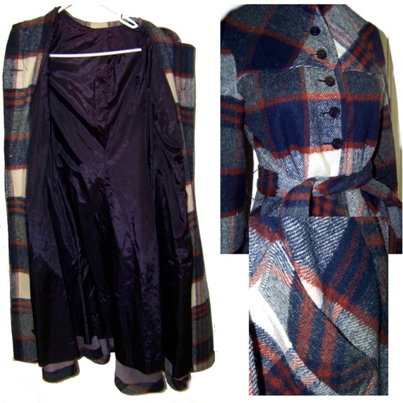 1970s Plaid wool coat fit flare lined with hood small