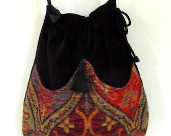 Ethnic Chenille Boho Bag Drawstring Bag Black Velvet Bag Bohemian Bag Crossbody Purse