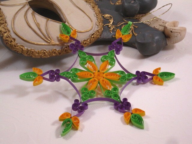 Ornament Mardi Gras Decoration: 'Masquerade' is a gift packaged purple, gold and green quilled snowflake ornament mardi gras decoration