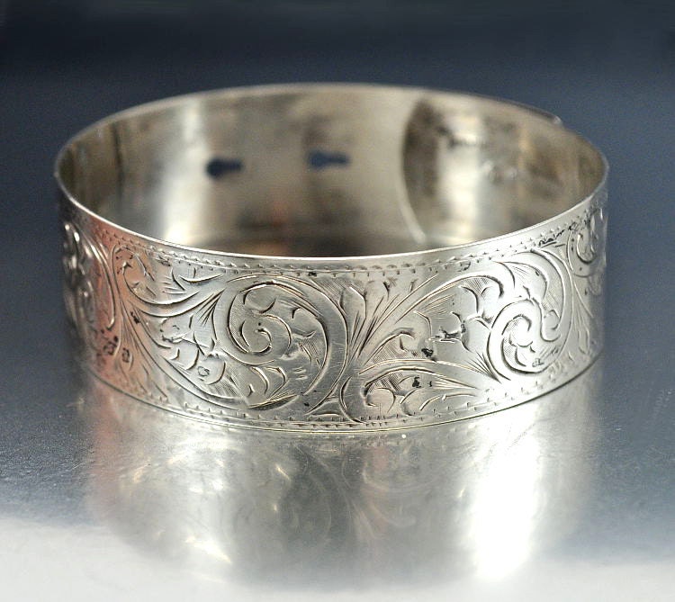 Victorian Engraved Sterling Silver Bangle Bracelet English
