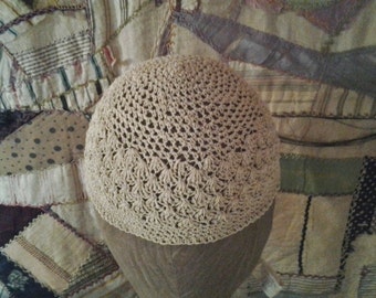 Vintage Crocheted Beenie Stretchy Ivory Hat Hand Made Excellent Condition FREE SHIPPING USA