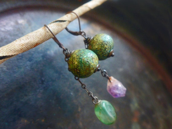 The Old Ones and the New. Rustic assemblage earrings. Polymer art beads amethyst green purple.