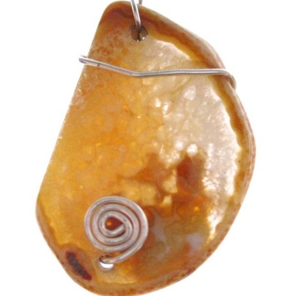 Agate Slice Pendant. Yellow Sunshine Slab of Stone. Celtic Sun. Optional Chain.