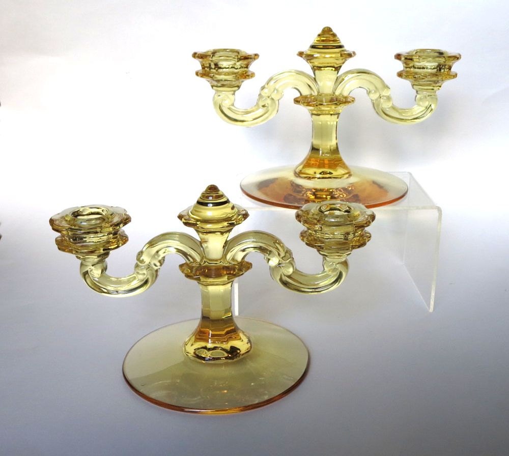 1930's Fostoria Topaz Yellow Glass Art Deco Duo