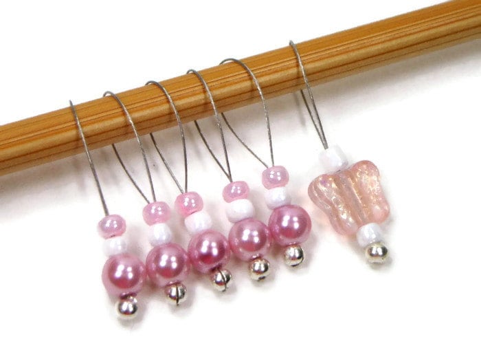 Knitting Stitch Markers Set Beaded Snagless Pink Pearl