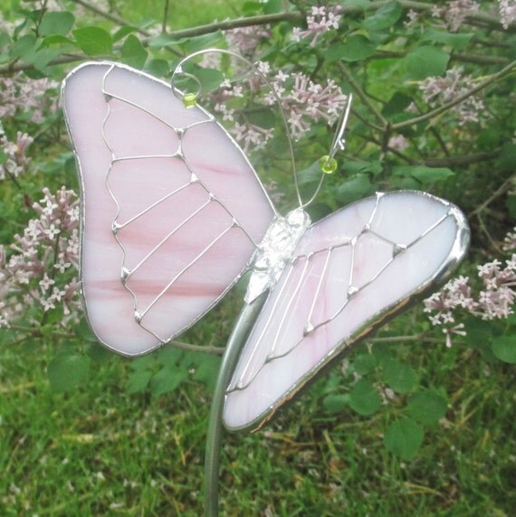 Pink Butterfly Stained Glass Garden Stake