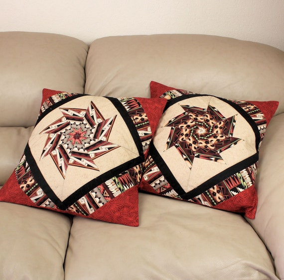 Southwest Decorator Pillow Covers - Set of two, pieced and quilted in tan, brown, black  and geometric border stripe