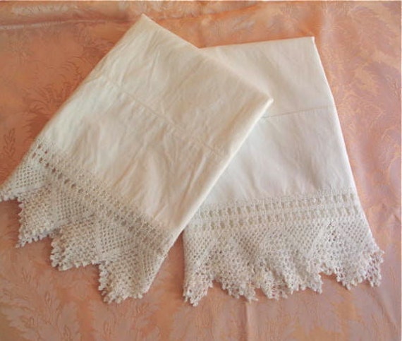 White Cotton Pillowcases with Crochet Lace Trim King Size