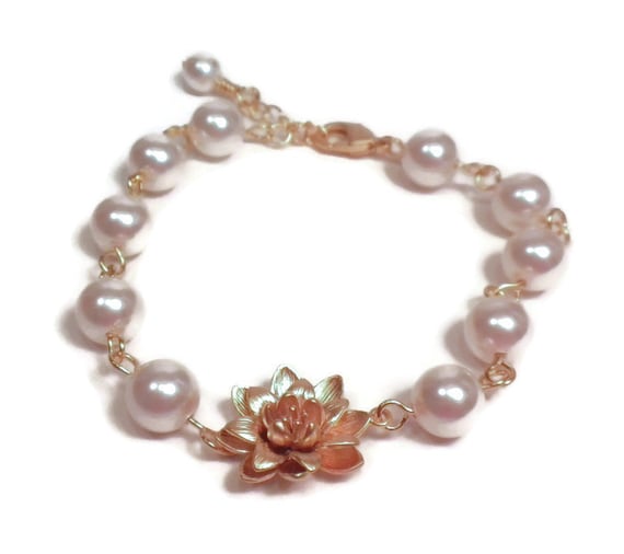 Pearl and Gold Lotus Flower Bracelet by designsbylaurie on Etsy