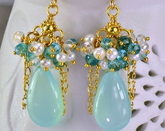 Aqua Chalcedony Apatite Chandelier Earrings 14k Gold Filled Apatite Pearl Topaz Wire Wrapped Earrings