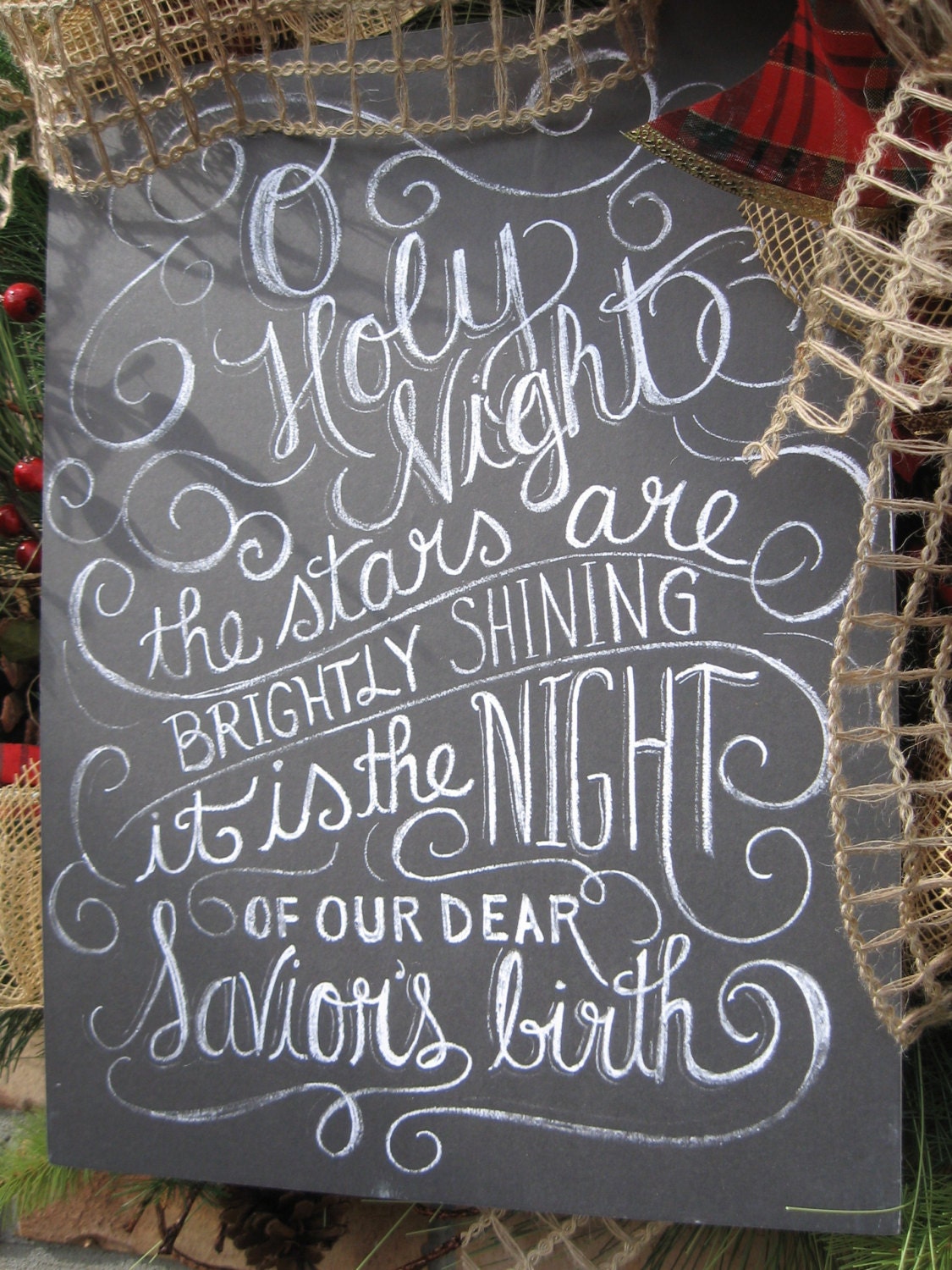 O HOLY NIGHT chalkboard sign wreath realistic pine