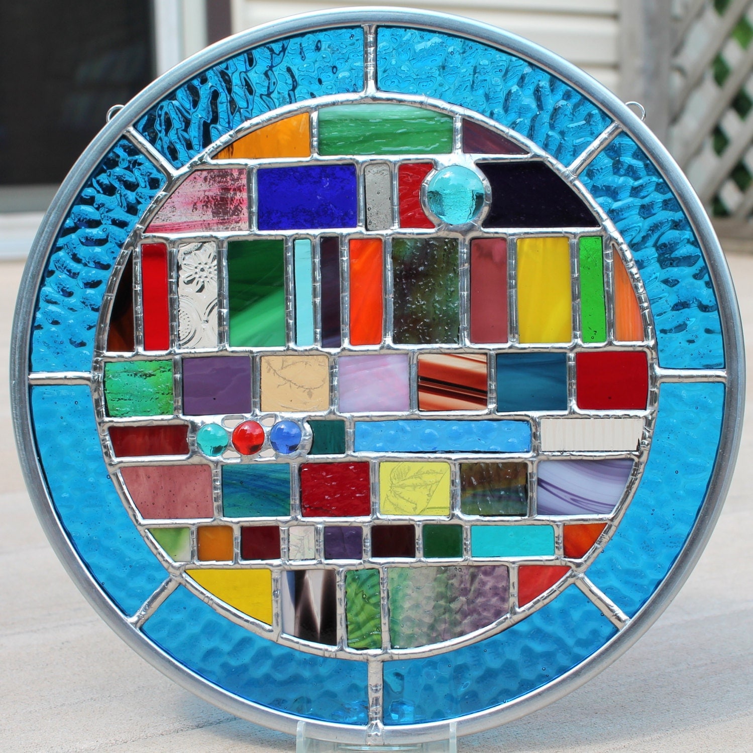 Multicolored Round Geometric Stained Glass Panel