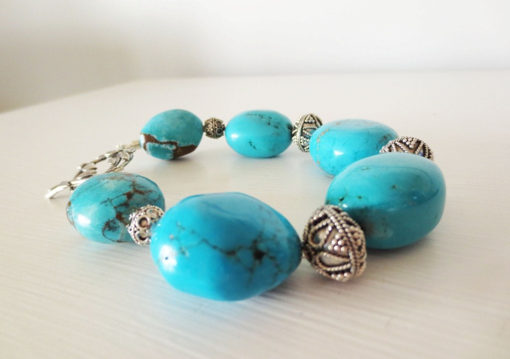 Chunky turquoise bracelet. Genuine turquoise. Silver
