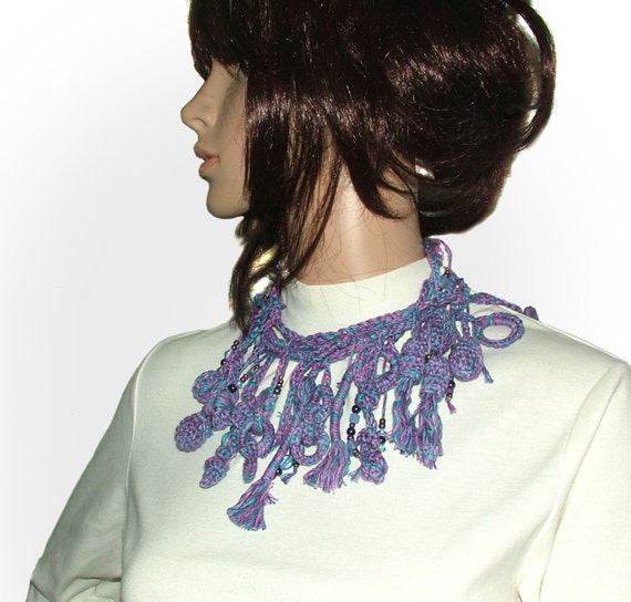 Blue, Pink. Purple Necklace Lariat Belt Freeform crochet tassels OOAK