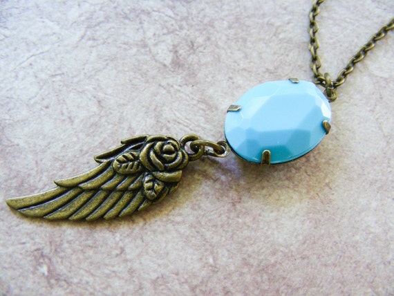 Angel Wing Feather Flower Antique Brass Pendant by meiguidesigns