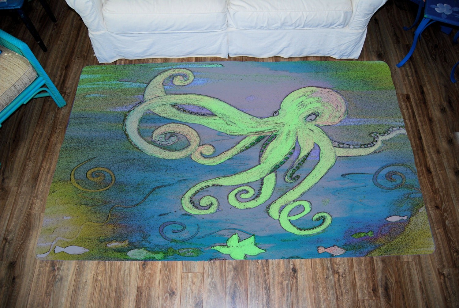 Green Blue Octopus tropical Large Plush Area Rug from my art