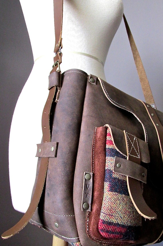 Leather messenger bag with wool details unisex leather bag