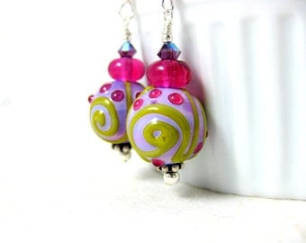 Pink Purple Yellow Glass Earrings, Colorful Jewelry, Lampwork Jewelry, Pastel Earrings, Funky Earrings, Everyday Earrings - Sorbet