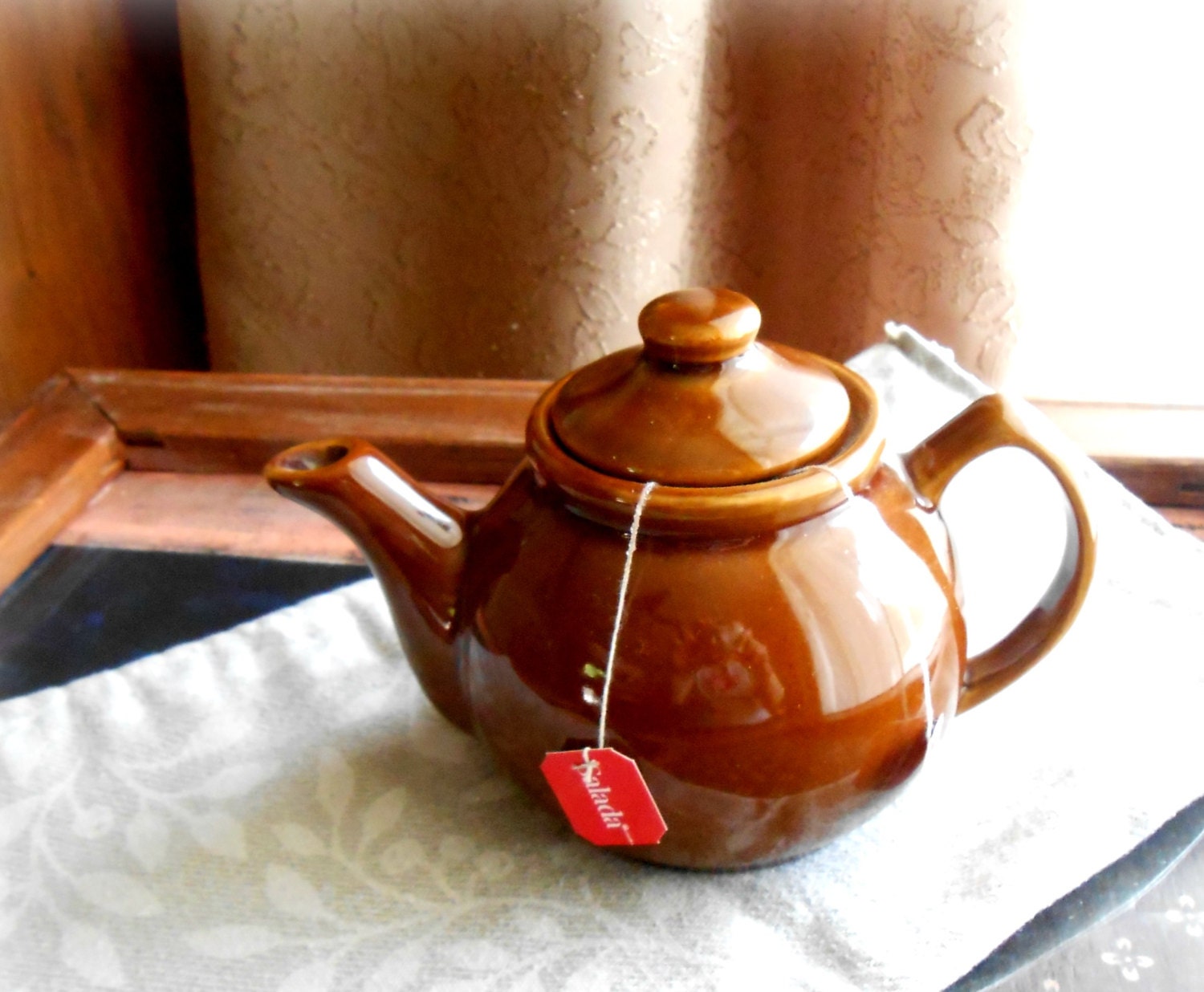 Brown Betty Teapot Prop With Fake Tea Teabags Inside