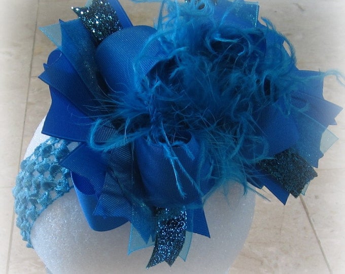 Blue Over the Top Hairbow, Baby Headbands, Headbands for girls, Blue Magic, Boutique Bows, Pageant Hairbow, Large Big Feather Bow, OTT Bows