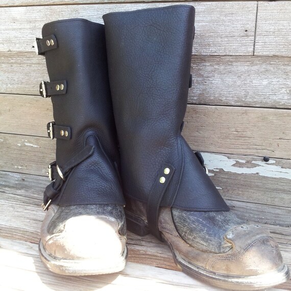 Swiss Military Style Gaiters or Spats in Black Leather w