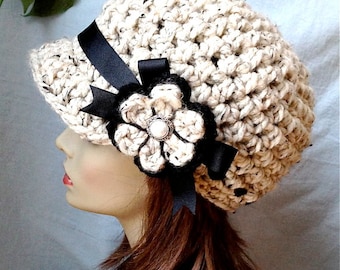 Cold Weather Crochet Woman Hat, Newsboy, Oatmeal, Pick Color, Soft Chunky Wool, Warm, Women gift, Gift for her, Winter, Ski Hat JE808N7