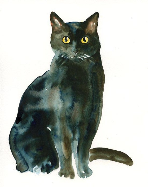 BLACK CAT Original watercolor painting 8x10inch Vertical