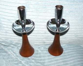 Vintage Chrome and Wood MIDCENTURY CANDLESTICKS Eames Era