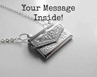 Silver Envelope Locket Custom Message; Custom Message Necklace, Personalized Jewelry