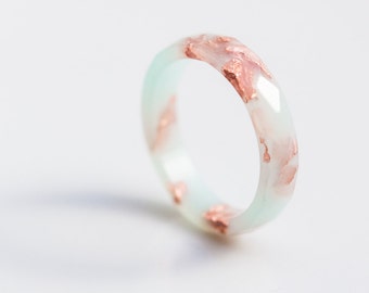 Pastel Mint Resin Ring Rose Gold Flakes Small Faceted Ring OOAK pastel mint peach minimalist jewelry minimal chic
