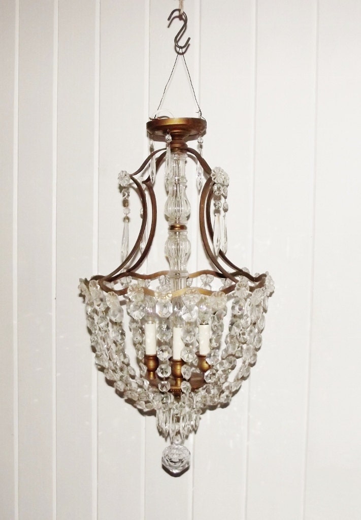 Vintage Brass Chandelier with Prisms Basket Style Chandelier