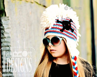 Skull and Cross Bones Earflaps Hat with Mohawk - Made to ORDER