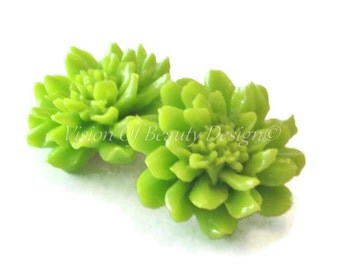 Chartreuse Green Dahlia Spring Flower Clip On Earrings