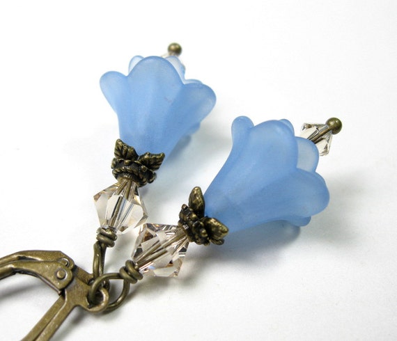 Flower Earrings, Placid Blue, Sand, Pantone, Swarovski, Dangle Earrings, Lucite Flowers, Soft and Feminine, Womens Accessories, For Her