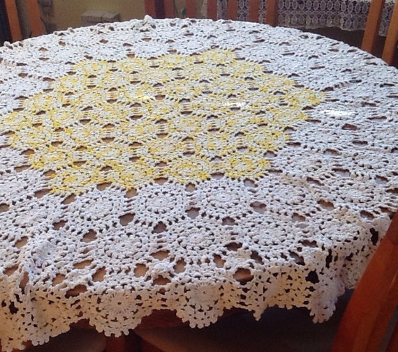 Stunning Yellow and White Crochet Tablecloth