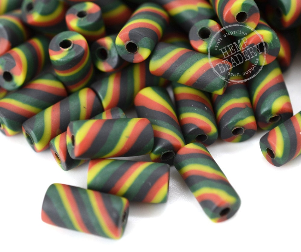 Rasta Beads 50pcs 12 x 6mm Rasta Colors Fimo Tube Beads