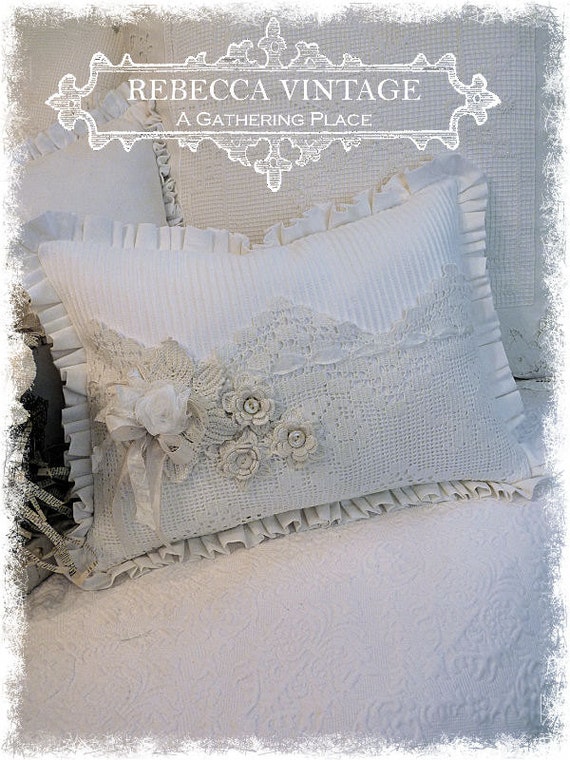Extra Wide Vintage Crochet Lace Pillow with Old Shell Buttons