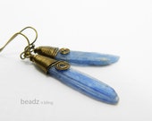 Kyanite Earrings Wire Wrapped Raw Kyanite Stick Earrings in Denim Blue Dangles