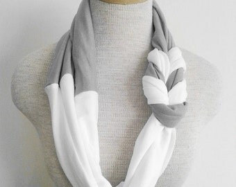 Grey and White Half Braided Knot Jersey Tee Scarf