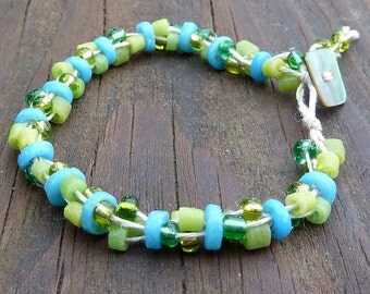 Lime Green and Turquoise Bracelet - Green Glass Beads, Turquoise Blue Recycled Glass Discs, Natural Hemp, Multi Strand Bracelet