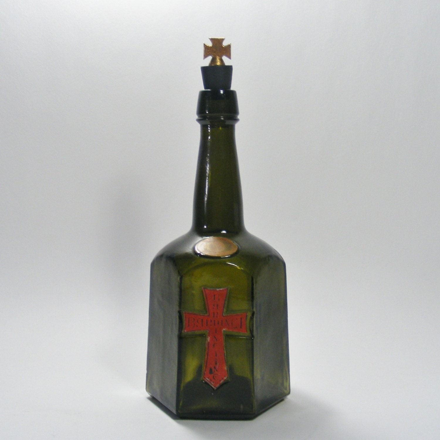 Vintage Liquor Bottle Red Gothic Cross by TheFrontHouse
