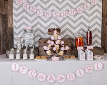 Girl Baby Shower Decorations - Elephant Baby Shower Decorations - "ITS A GIRL" Banner, Baby Shower Decoration in Pink and Grey