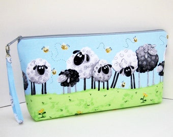 Knitting Project Bag, Large Zipper Pouch, Sheep in the Meadow